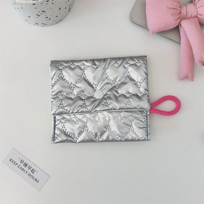 INS Style Silver Sanitary Mat Bag Zipper Button Change Purse Coins Keys Wallet Love Bow Credit Card Holder Cosmetics Napkin