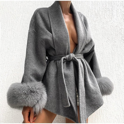 Casacos Curtos de Lã Elegantes com Cadarço Sólido Lapela Solta Cinto Peludo Manga Longa Jaqueta Feminina 2025 Outono Inverno Lady Chique Cardigãs