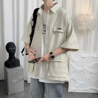 Shirts For Men With Pocket Cargo Man Shirt Loose Korean Style Casual Asia Cool Hipster Original Half Sleeve Fashion Collar I Xxl
