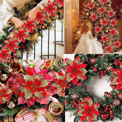 10pcs 14cm Glitter Poinsettia Christmas Artificial Flowers with Clips DIY Xmas Tree Ornaments Wreath Fireplace Decorations