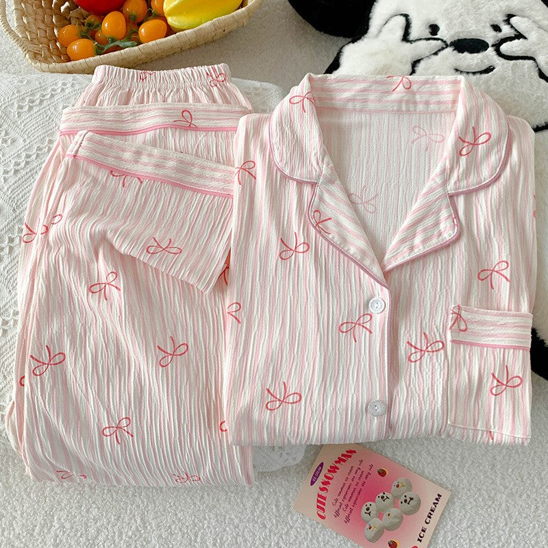 Spring and Autumn Sweet Bow Korean Style Ins Wrinkled Fabric Long Sleeve Cardigan Nightgown Women's High-Quality Homewear Set