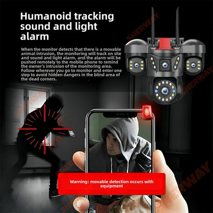 10K 20MP UHD Outdoor WiFi IP Camera Four Len Four Screen 360° 16X Zoom PTZ Security Cam Auto Tracking CCTV Wireless Surveillance