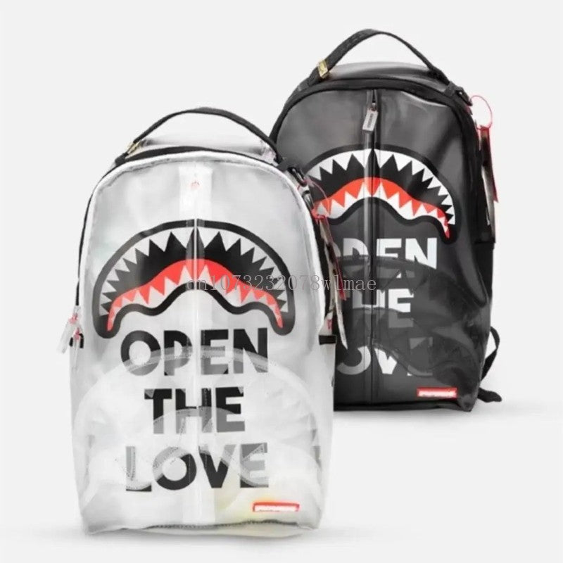 Fashion Shark Letter Transparent Backpack Men Sport Waterproof PVC Clear Plastic Schoolbag Casual Street Large Capacity Rucksack