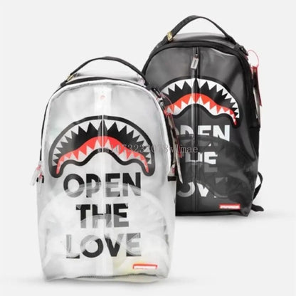 Fashion Shark Letter Transparent Backpack Men Sport Waterproof PVC Clear Plastic Schoolbag Casual Street Large Capacity Rucksack