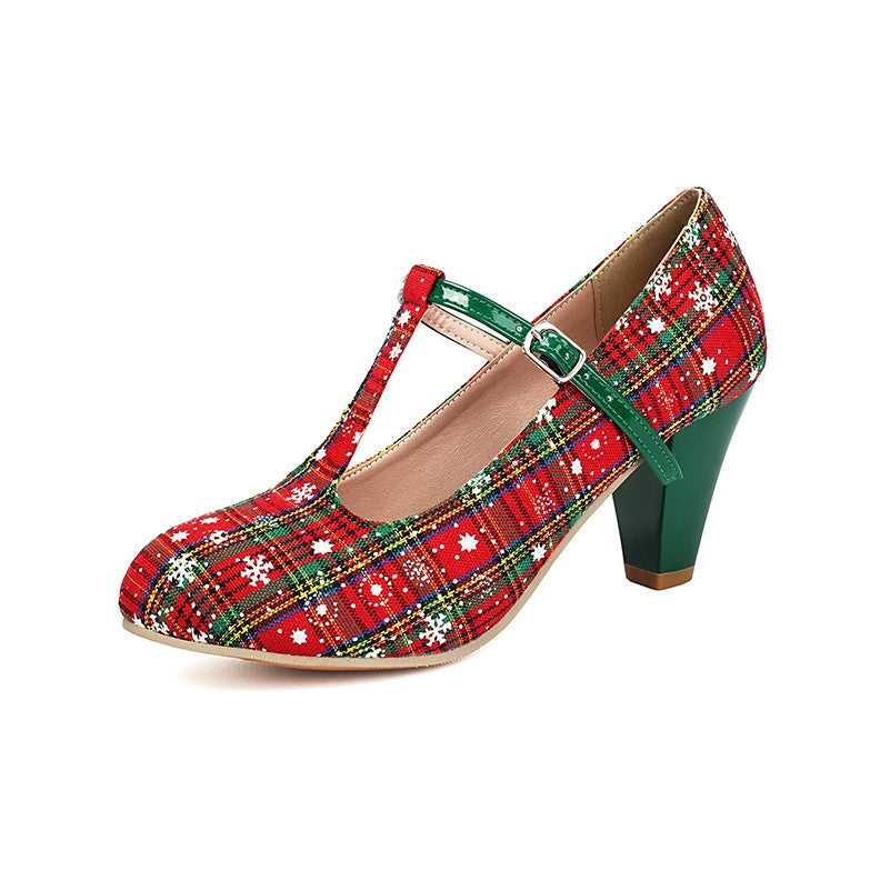 Snowflake Striped Printed Fabric Christmas New Year High Heels Women's Shoes Tapered Thick Heel T-Shaped Strap Buckle Pumps