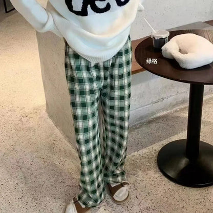 Lamb Velvet Fleece Lined Plaid Wide Leg Pants High Waist Straight Cut Winter New Casual Trousers for Women Korean Style