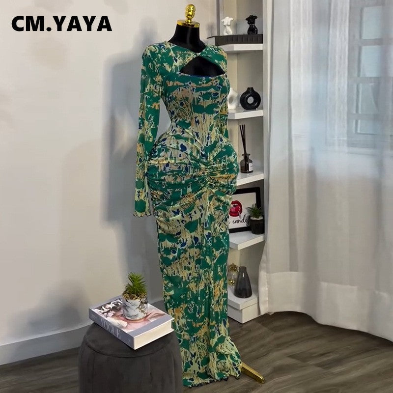CM.YAYA Women Draped V-neck Cutout Front Ruched Stacked Bodycon Midi Long Maxi D