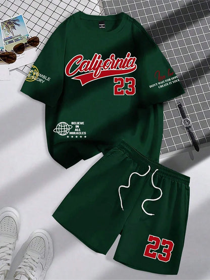 2025 summer new trend men's suit round neck short sleeve set fashion personalized alphanumeric print round neck T-shirt and shor