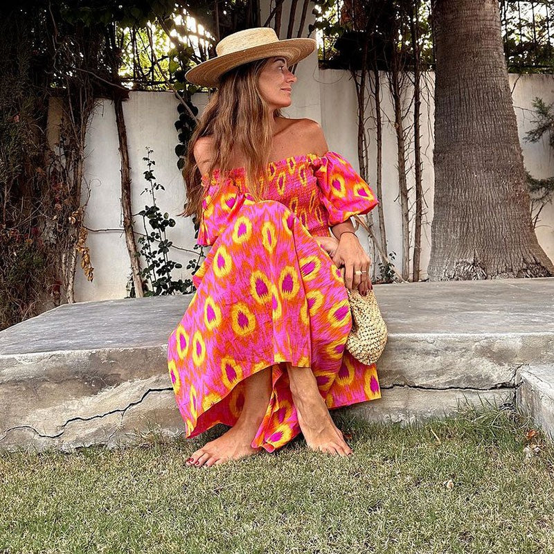 Women Summer Party Holiday Lady Streetwears Print Ruffle Pleated Long Dress Fash