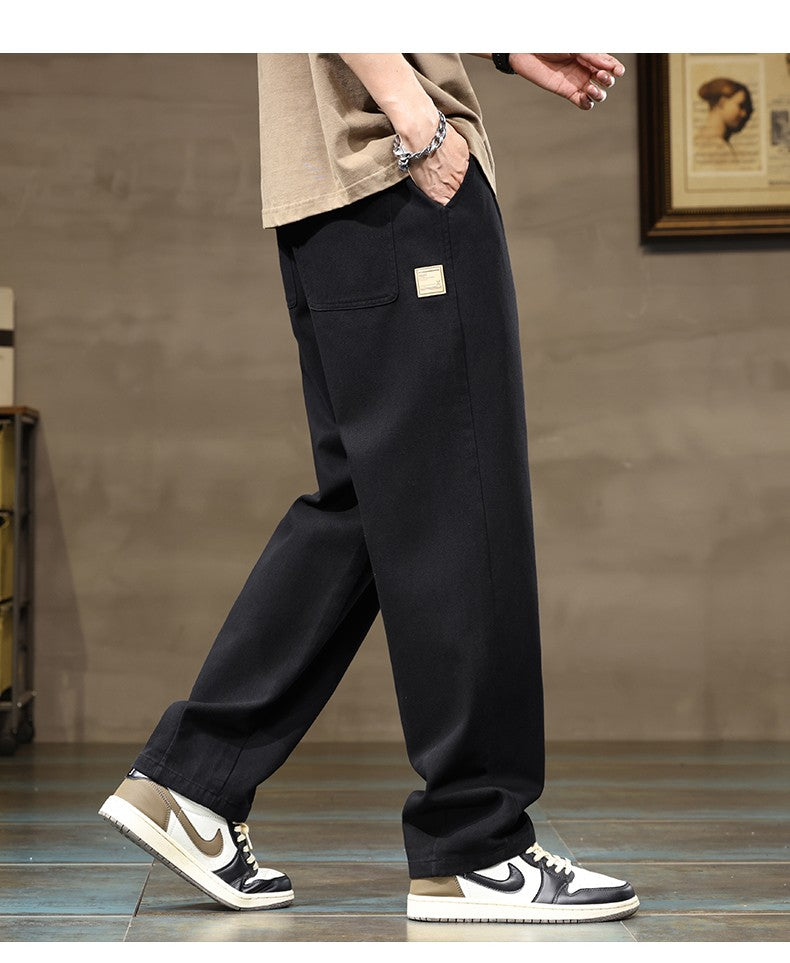 100% Cotton Men's Loose Wide Leg Pants Elastic Waist Fashion ArmyGreen Khaki Korean Streetwear Autumn Straight Trousers