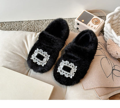 2025 Autumn Winter Children Warm Fur Shoes Fashion Rhinestone Moccasins Flats Outwear Girls Shoes Khaki, Beige, White