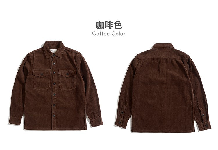 Autumn and Winter New American Retro Thick Corduroy Solid Color Cargo Shirt Men's Pure Cotton Long-sleeved Pocket Casual Blouses