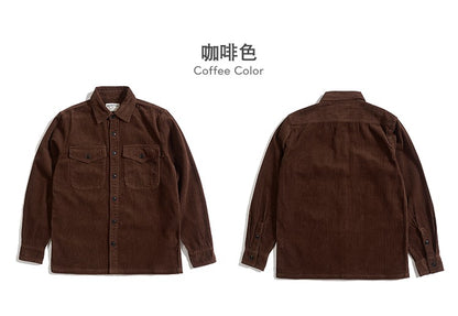 Autumn and Winter New American Retro Thick Corduroy Solid Color Cargo Shirt Men's Pure Cotton Long-sleeved Pocket Casual Blouses