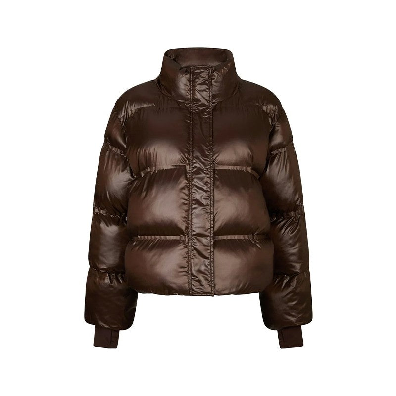 Fashion Glossy Padded Jacket Women's Solid Turtleneck Long Sleeve Warm Down Coat 2025 Autumn Winter New Lady Casual Outerwear