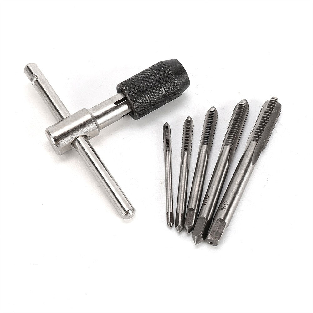 Conjunto de 6 peças de machos de roscar métricos, chave tipo T, ferramentas de roscar M3-M8, para metal, madeira e plástico, conjunto de chaves para machos de roscar manuais