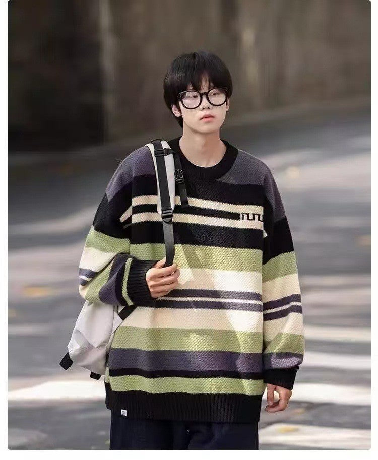 Simple Versatile Trendy Men's Crew Neck Sweater Contrasting Stripes Casual Loose Neutral Style Pullover