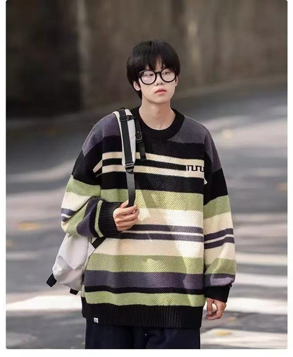 Simple Versatile Trendy Men's Crew Neck Sweater Contrasting Stripes Casual Loose Neutral Style Pullover