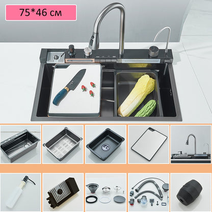 Large 304 Kitchen Sinks 75x45cm Stainless Steel Kitchen Waterfall Sink Digital Display Large Single Sink Dish Washer Faucet