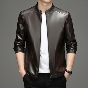 Spring and Autumn New Men's Lapel Leather Jacket Male Business Casual Middle-aged Men's Handsome Short Leather Coat Jackets 2025