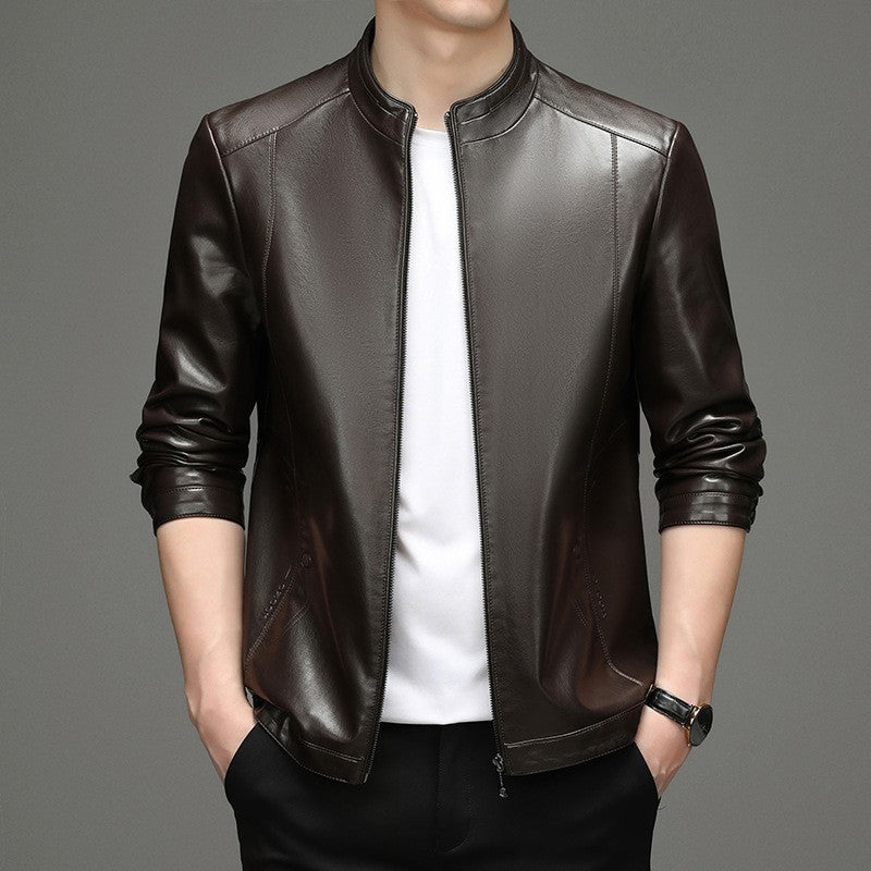 Spring and Autumn New Men's Lapel Leather Jacket Male Business Casual Middle-aged Men's Handsome Short Leather Coat Jackets 2025
