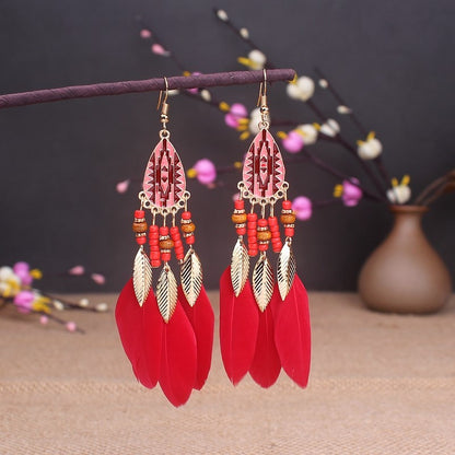 Brincos femininos longos de pena estilo boho, praia, com borla longa, miçangas, flores artesanais esmaltadas, para noiva, casamento, Pendientes Mujer
