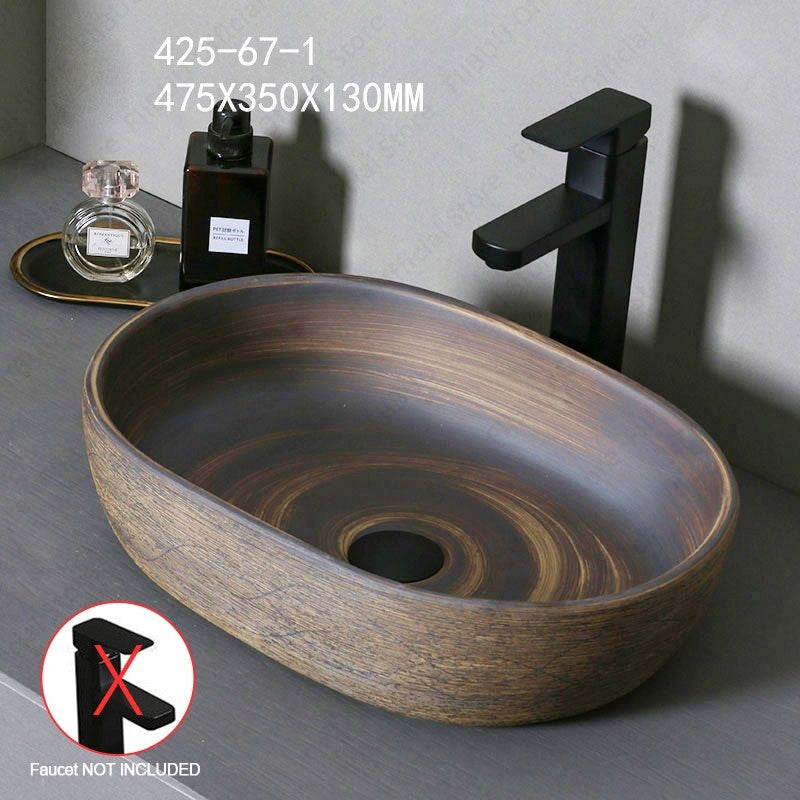 Cuba de Cerâmica Marrom para Lavatório de Banheiro Oval Artística para Mesa de Banheiro, Bacia de Lavar Roupa para Varanda, Bacia de Pedestal Acima do Balcão