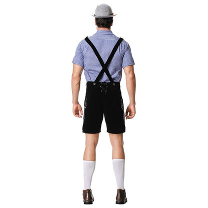 Male Oktoberfest Lederhosen Costume Bavarian Octoberfest German Beer Costume Shirt Suspender Shorts Hat Cosplay Costumes