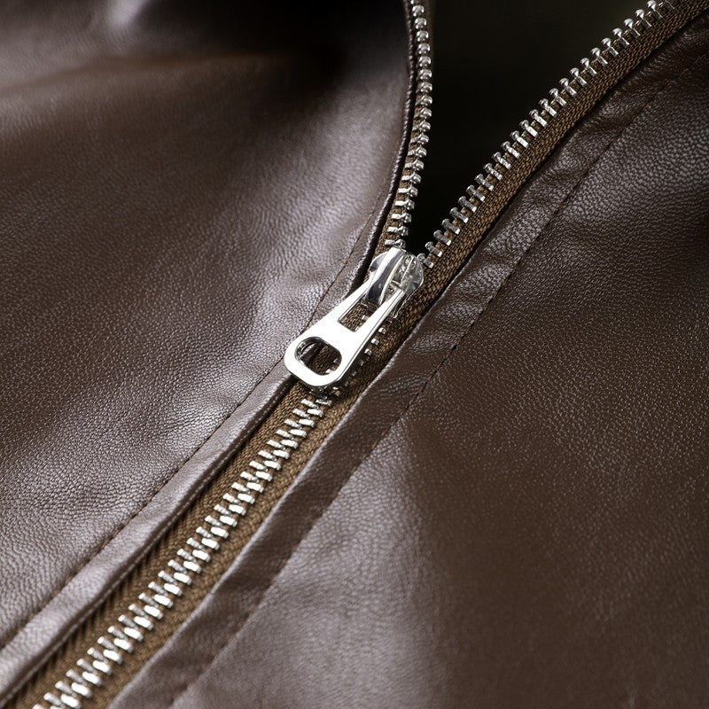 Vintage PU Leather Bomber Jackets 2025 Autumn New Ladies Zipper Lapel Long Sleeve Pocket Coat With Belt Women's Loose Streetwear