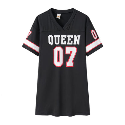 Fashion V-Neck Queen Letters Print Dress Short Sleeve Basketball Sporty Style Sexy Loose Female Clothing Streetwear Loungewear