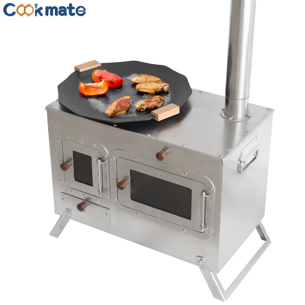 Fogão Multifuncional a Lenha para Acampamento Queimador Externo Portátil com Forno Barraca Fogão Caminhada Piquenique Churrasco Assar Aquecimento Pizza