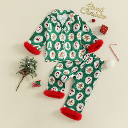 Girls Christmas Satin Pajama Set with Reindeer Print Lapel Long Sleeve Button Down Top and Matching Pants Sleepwear