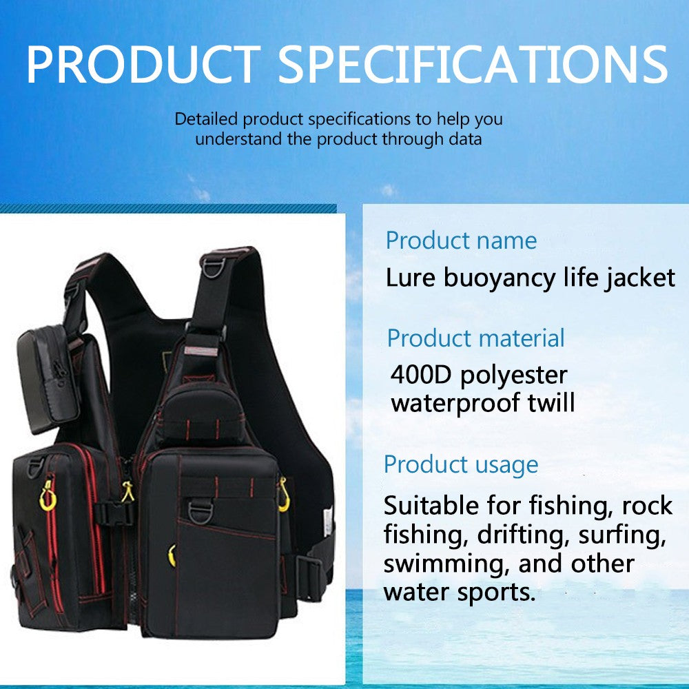 Colete salva-vidas multifuncional para pesca ao ar livre, essencial para a segurança. Vários bolsos para armazenamento, materiais flutuantes