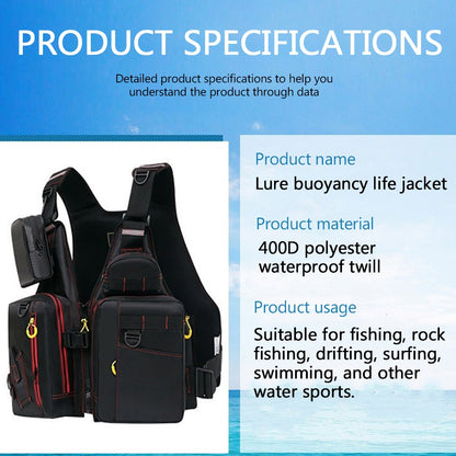 Colete salva-vidas multifuncional para pesca ao ar livre, essencial para a segurança. Vários bolsos para armazenamento, materiais flutuantes