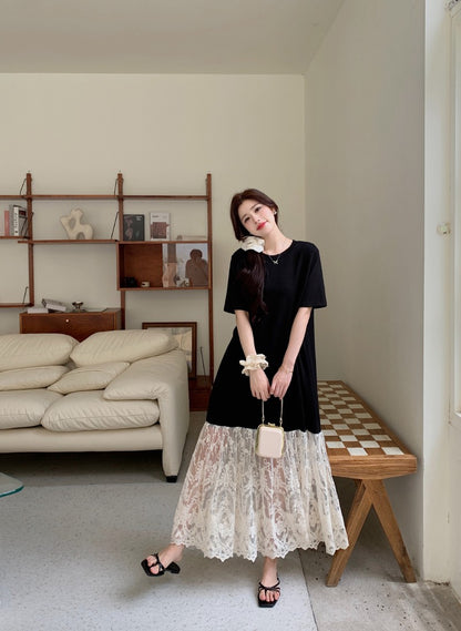 NYFS plus Size Women's Lave Patchwork Dress Summer 2025 Loose Long Dresses Robe Elbise Short Sleeve Korean Style Floral Hem