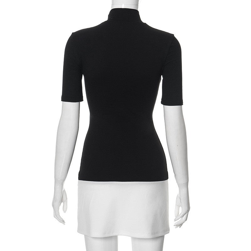 Summer 2025 Turtleneck Half Sleeve Mini Dresses French Style Fashion Elegant Bla