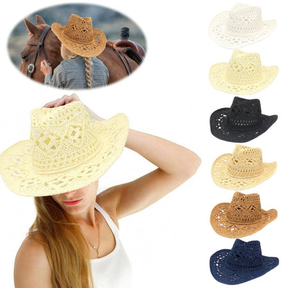 Chapéu de Sol Boêmio de Verão com Conchas, Chapéu de Cowboy Feminino e Masculino Dobrável Vazado de Palha com Aba Larga para Férias