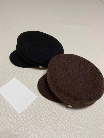 Korean Blogger Same Style Metal Button Autumn Winter Maillard Duck Bill Hat Woolen Newsboy Cap Eight Panel Hat for Women