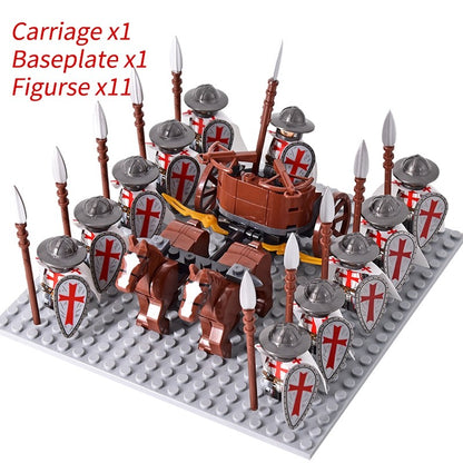 Castelo Medieval Cavaleiros Guerreiros Espartanos Cruzados Legião Romana Infantaria Cavalo de Guerra Carruagem Blocos de Montar Brinquedo de Figuras