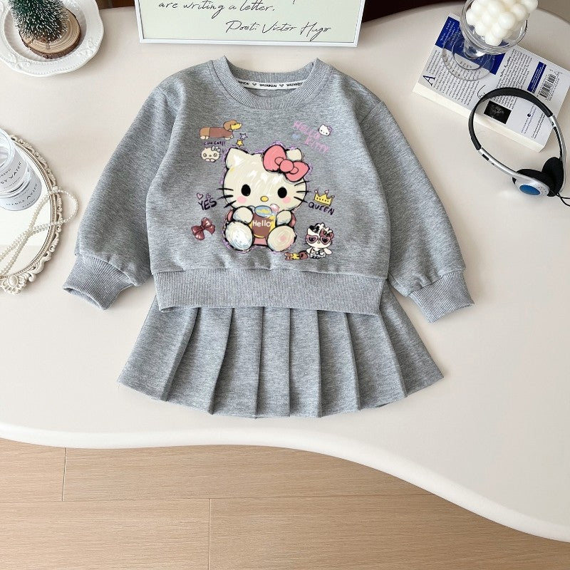 Autumn Baby Girls Clothes Set Kid Hello Kitty Printed Sweatshirts Pullover Top&Pleated Skirt 2pc Children Preppy Style Tracksuit