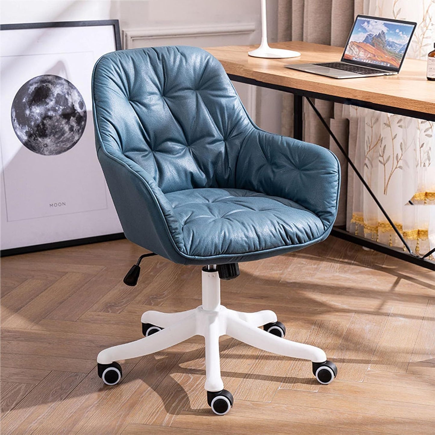 Leather Office Chair, Mid Century Desk Chair with Wheels and Ergonomic Armrests, Adjustable Height Swivel Rolling Task Chair,
