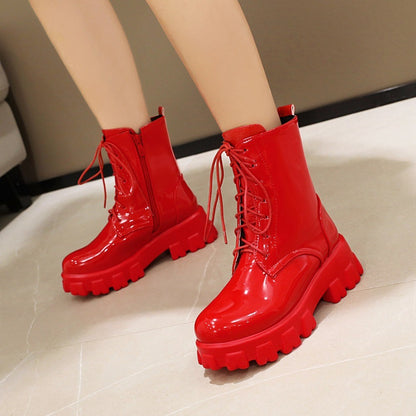 Women Boots Patent Leather Platform Shoes Brand Ankle Fashion High Heel Boots Women Autumn Winter Warm Platform Boots Black Red
