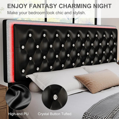 LED Bed Frame with 2 Drawers, PU Leather Platform Bed with Diamond Tufted Headboard Footboard and 2 Side Pockets, M