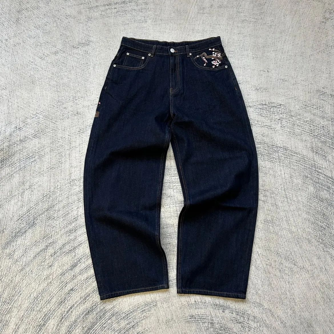Calça jeans Hip-hop com moedas douradas Y2K retro cintura baixa perna larga com zíper calças jeans soltas bordadas moda masculina Y2K
