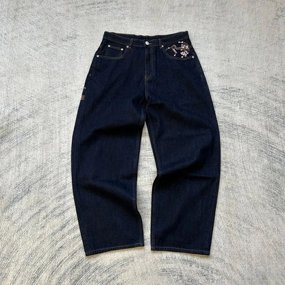Calça jeans Hip-hop com moedas douradas Y2K retro cintura baixa perna larga com zíper calças jeans soltas bordadas moda masculina Y2K