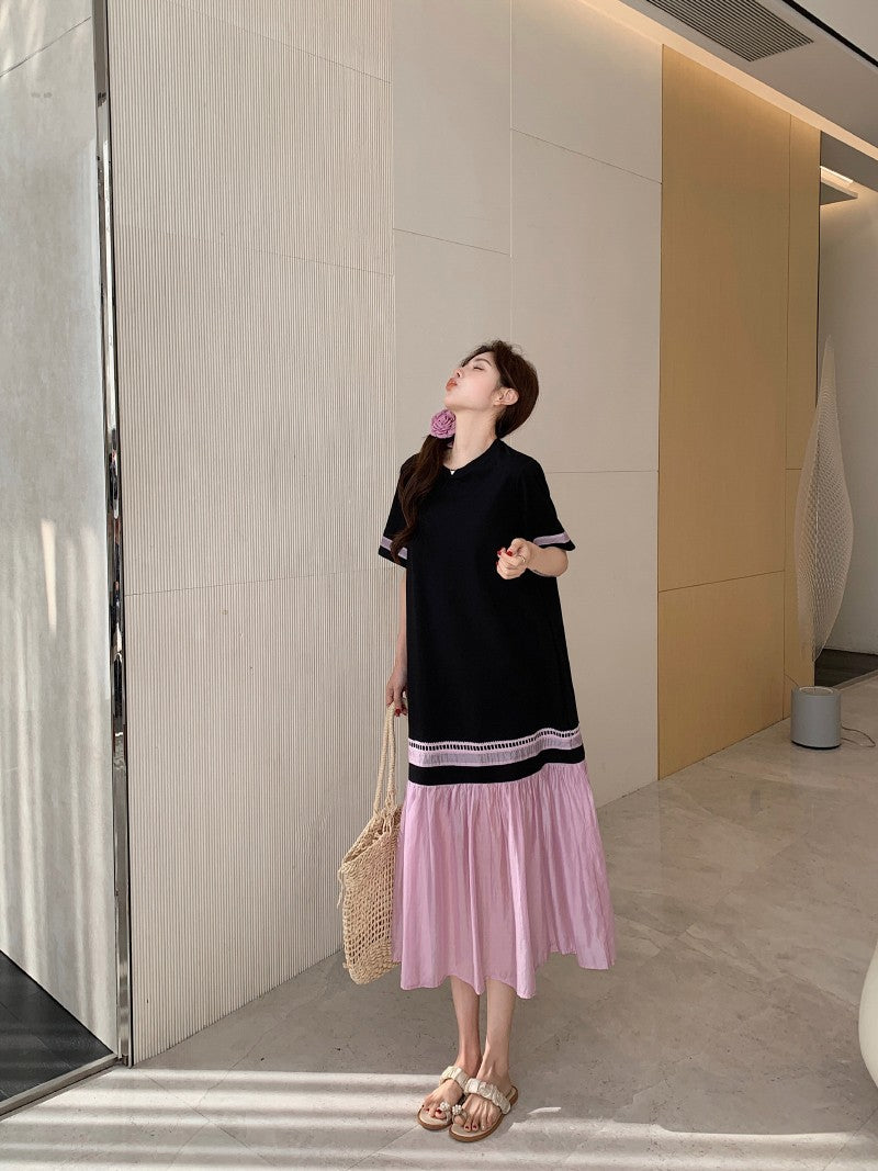 NYFS 2025 Summer Dress Loose plus Size Black Patchwork Pink Hem Long Dresses Robe Elbise Short Sleeve Korean Style Woman Dress