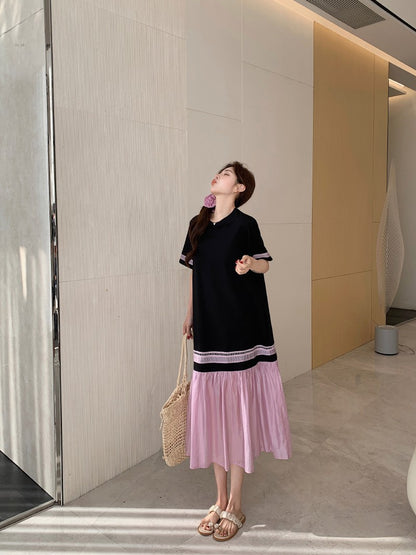 NYFS 2025 Summer Dress Loose plus Size Black Patchwork Pink Hem Long Dresses Robe Elbise Short Sleeve Korean Style Woman Dress