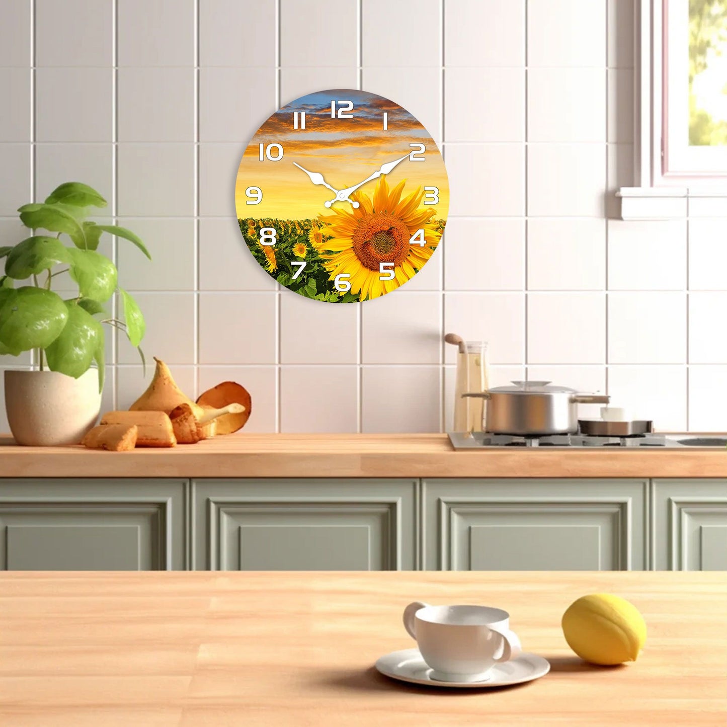1pc wooden wall clock, Sunflower Garden design wall clock at sunset, round silent clock, for living room bedroom, room decoratio
