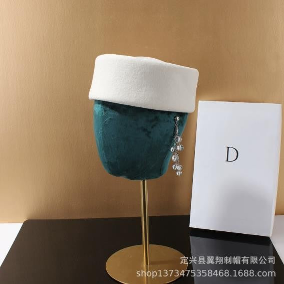 Autumn Winter Women Wool Fedoras Hats Elegant French Hard Top Concave Top Felt Berets Hat  Wedding Fascinator Party Pillbox Cap
