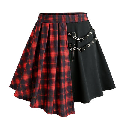 ROSEAGL Plus Size Plaid Patchwork Grommets PU Leather Stripes Asymmetrical Skirt Female Casual Large Size Women Y2K Skirts