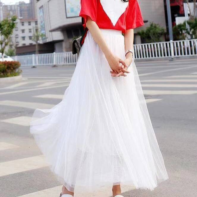 Vintage Tulle Skirt Women Streetwear Elastic High Waist Mesh Pleated Skirts Summer Elegant Korean A Line Office Ladies Skirt New